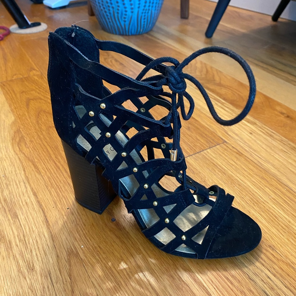Black cage style chunky block heels by Guess